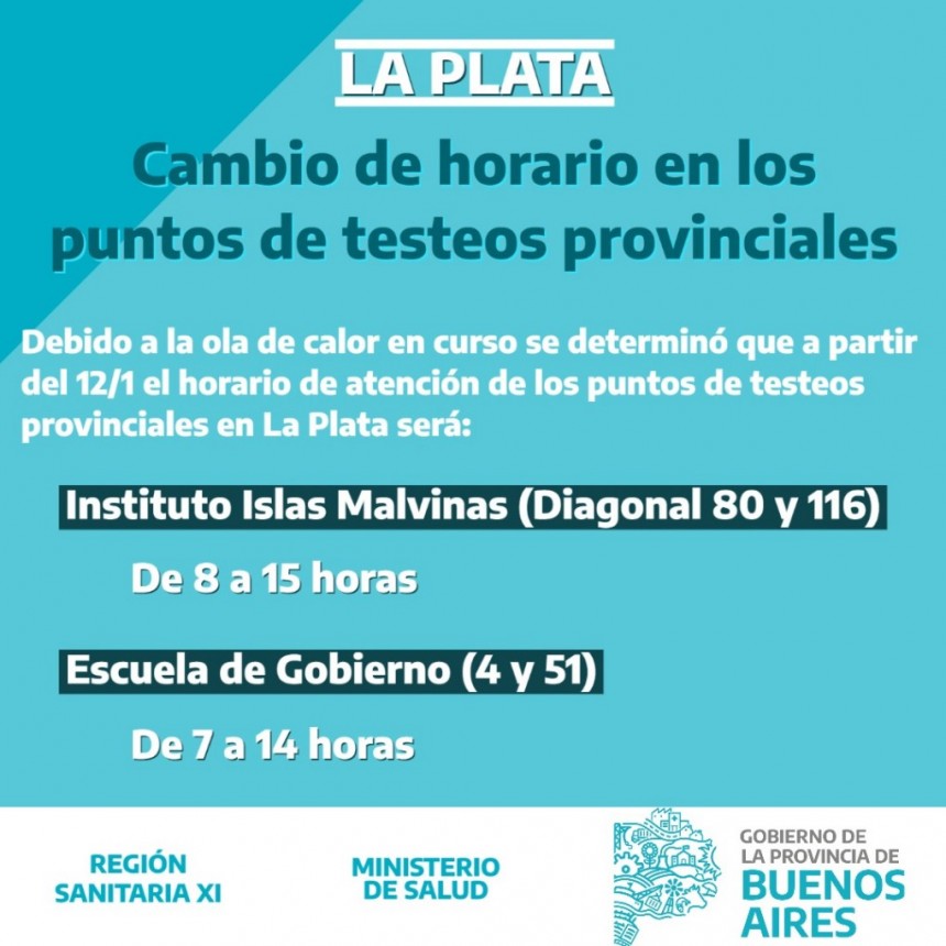 LA PLATA: CAMBIO DE HORARIO EN LOS PUNTOS DE TESTEOS PROVINCIALES