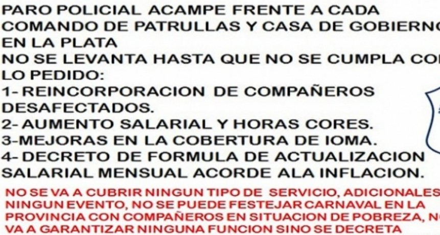 “CONVOCATORIA PARO POLICIAL DE LA PROVINCIA DE BUENOS AIRES. ¡¡POLICIA DICE BASTA!! PARO TOTAL 25/02/22. 11:00 hs”.