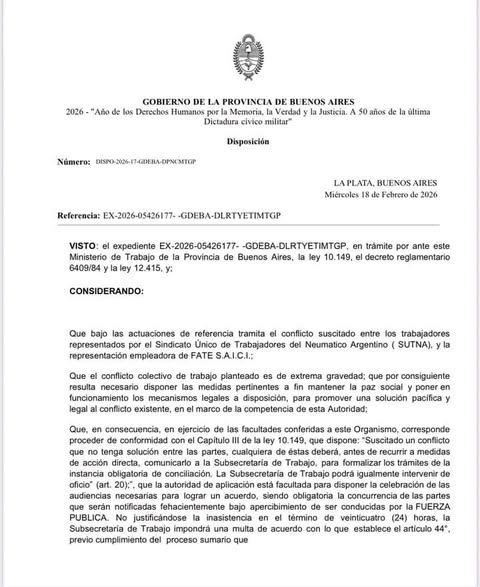 LA PROVINCIA DICTÓ LA CONCILIACIÓN OBLIGATORIA EN EL CONFLICTO DE FATE