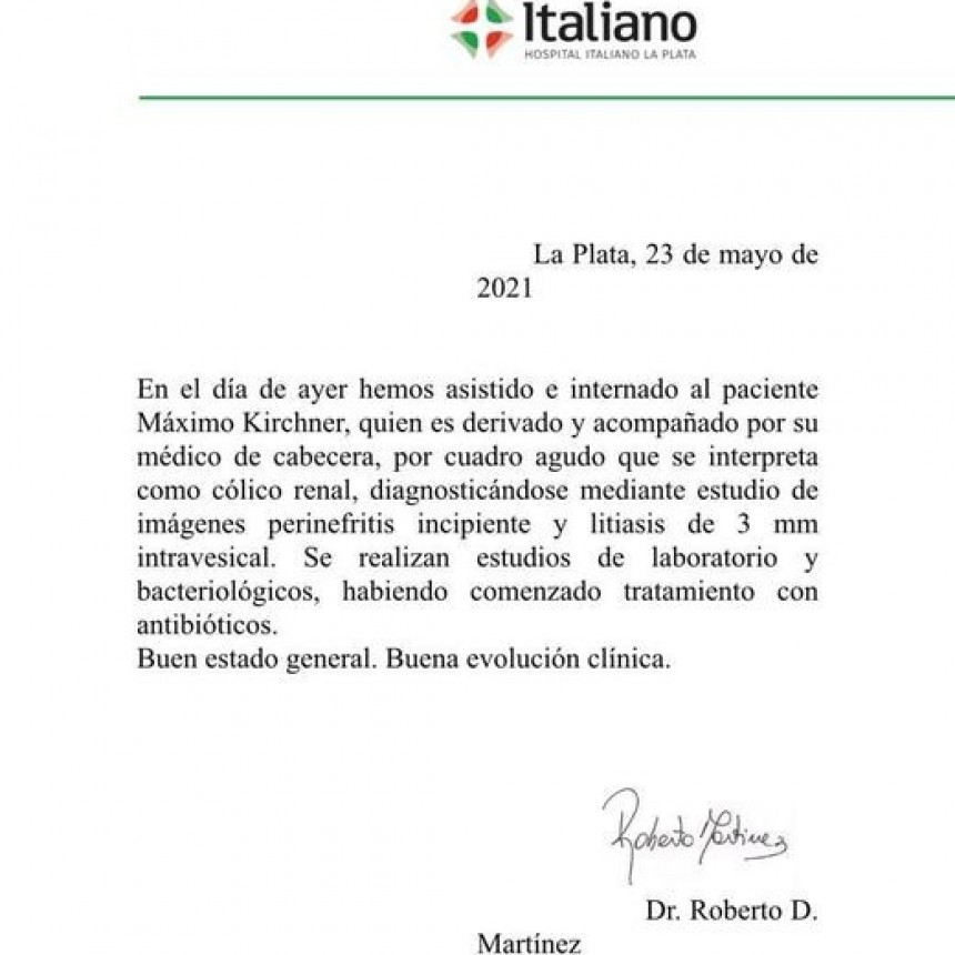 Dieron a conocer el parte medico sobre la salud de Maximo Kirchner