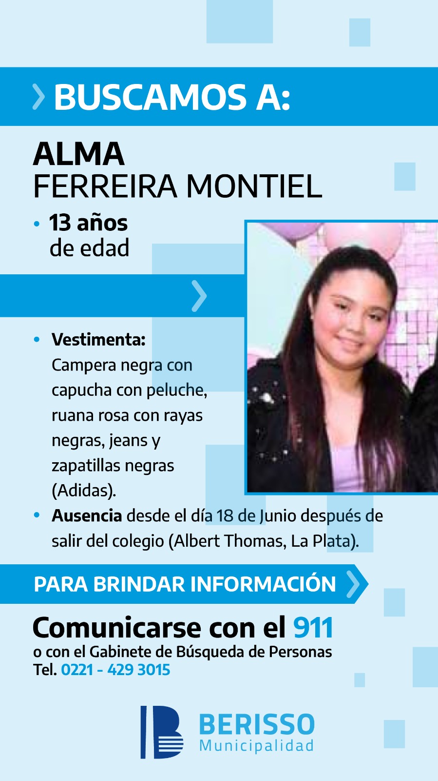 Berisso: Desesperada búsqueda de una menor de 13 años