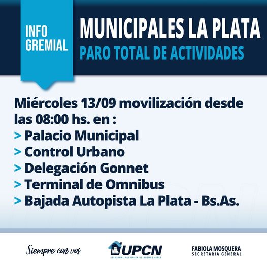 UPCNBA convocó a un paro total de actividades y movilización de trabajadores municipales de La Plata para este miércoles 13