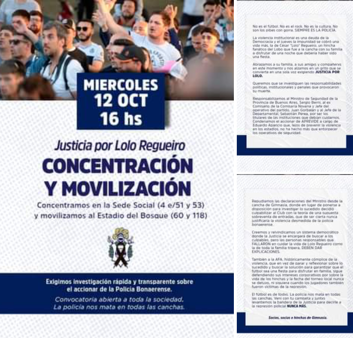 Hinchas de Gimnasia Esgrima La Plata convocan a una movilización el Miércoles 12 de Octubre