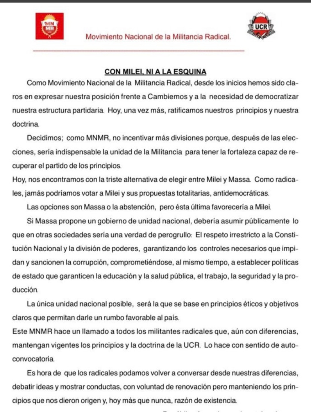 Militantes de la UCR dicen NO a Milei