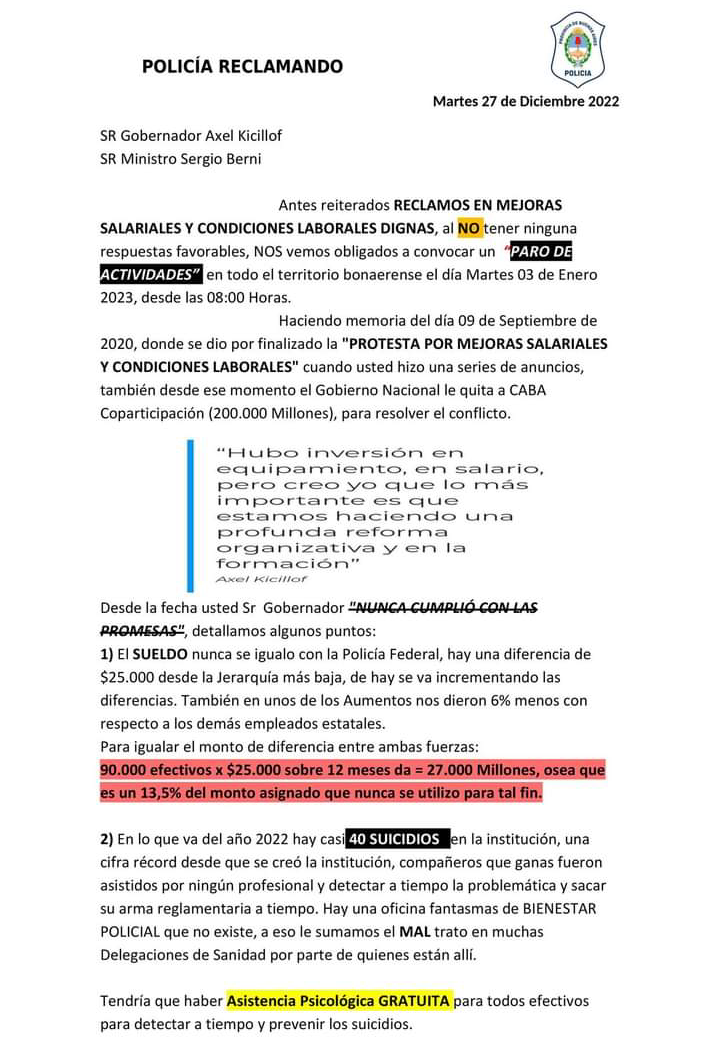 Sobrevuela en la provincia de Buenos Aires una nueva protesta policial